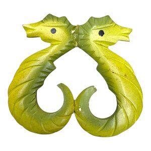 Vintage Green Seahorse Brooch Pin Wood Carved Lime Yellow Beach Nautical READ